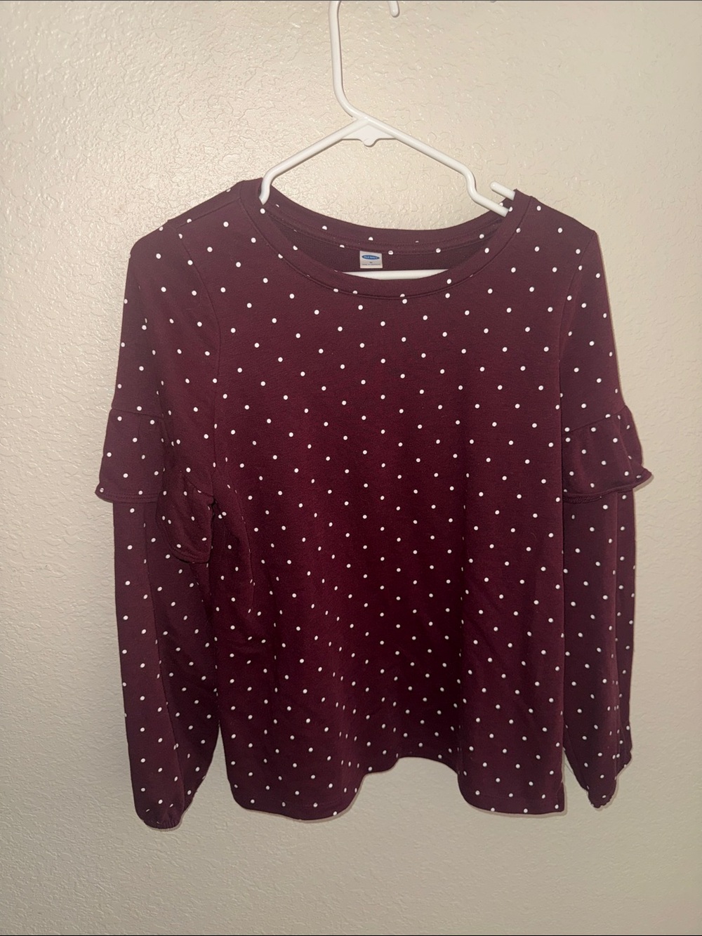 Old Navy Burgundy Polka Dot Ruffle Sleeve Crew Neck Sweater